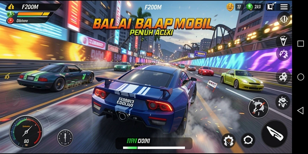 Screenshot gameplay F200M menunjukkan aksi balap yang mendebarkan.