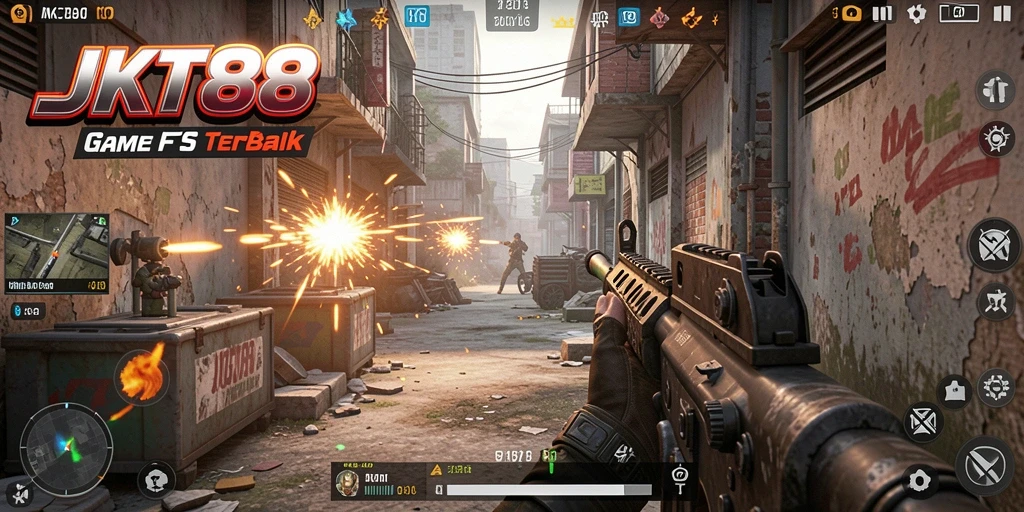 Screenshot utama JKT88 yang menampilkan aksi seru dalam game FPS.