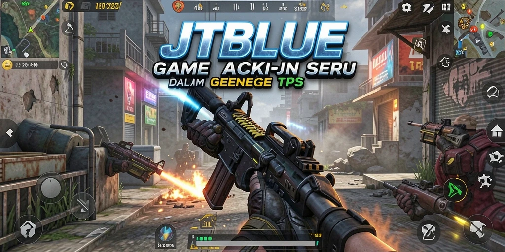 Screenshot utama JTBLUE menampilkan momen aksi seru dalam gameplay TPS.