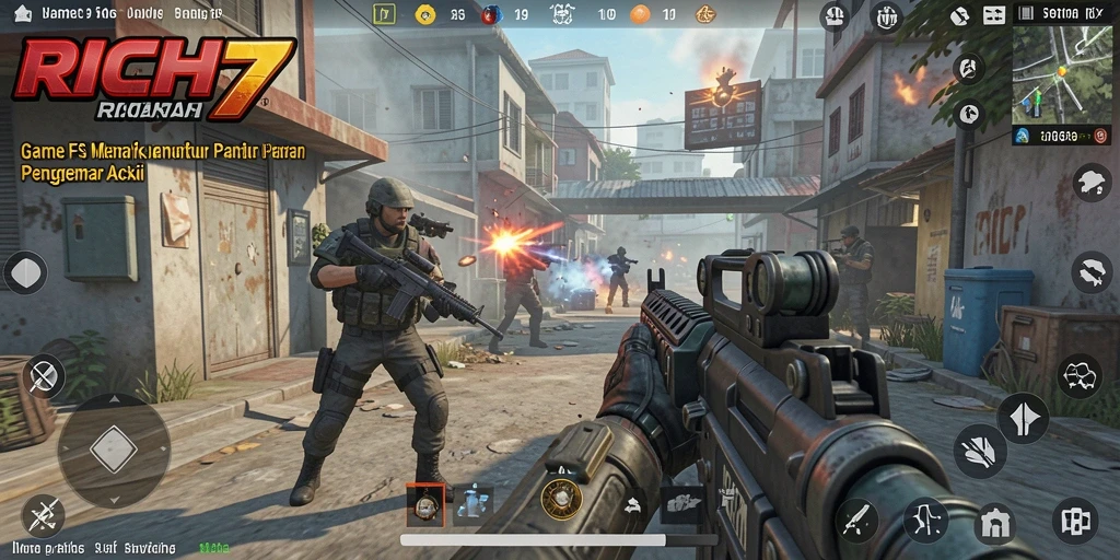 Tampilan gameplay RICH7 yang menegangkan dalam pertempuran FPS.
