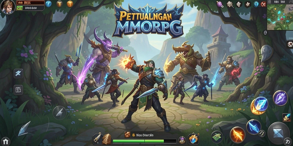 Screenshot gameplay MMORPG RK55 menunjukkan pertempuran epik dengan grafis menakjubkan.